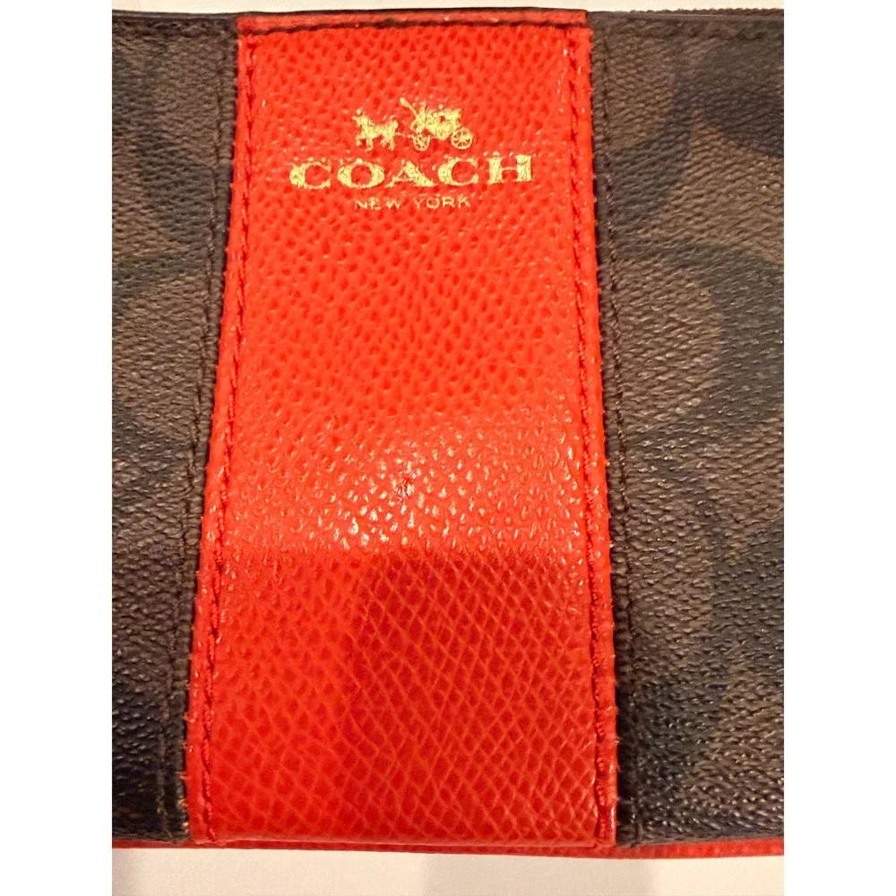 Coach Signature Brown and Orange Stripe Corner Zip Wristlet Small Bag